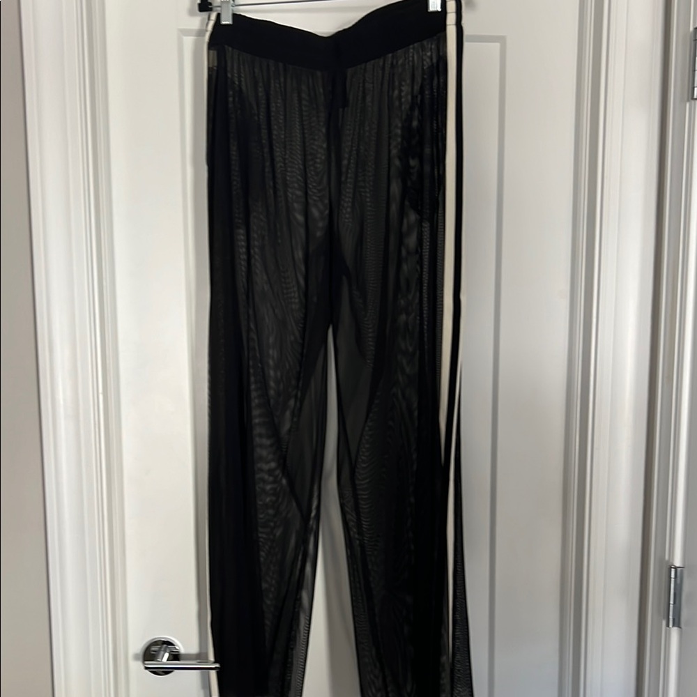 Black Sheer Mesh Wide-Leg Pants with White Side Stripe